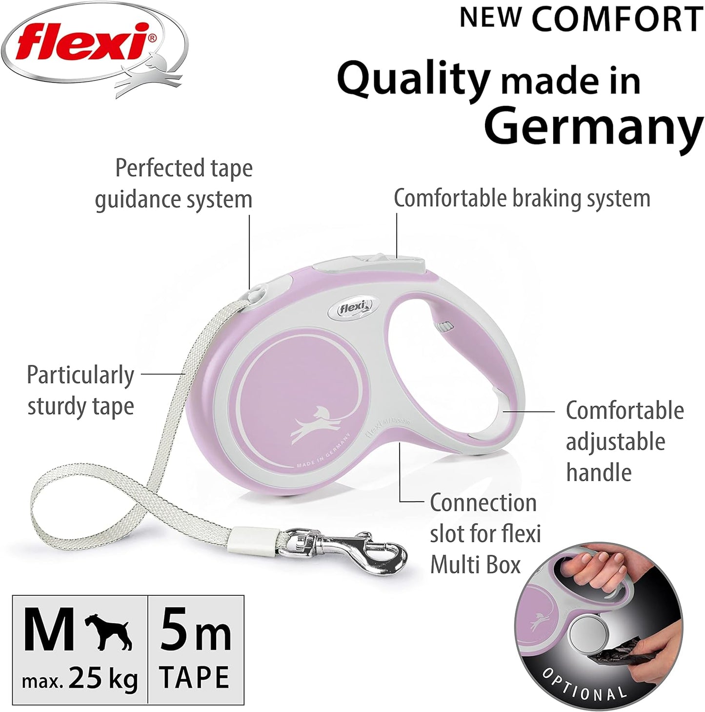 Flexi New Comfort Tape Grey & Rose Medium 5m Retractable Dog Leash/Lead for Dogs up to 25kgs/55lbs