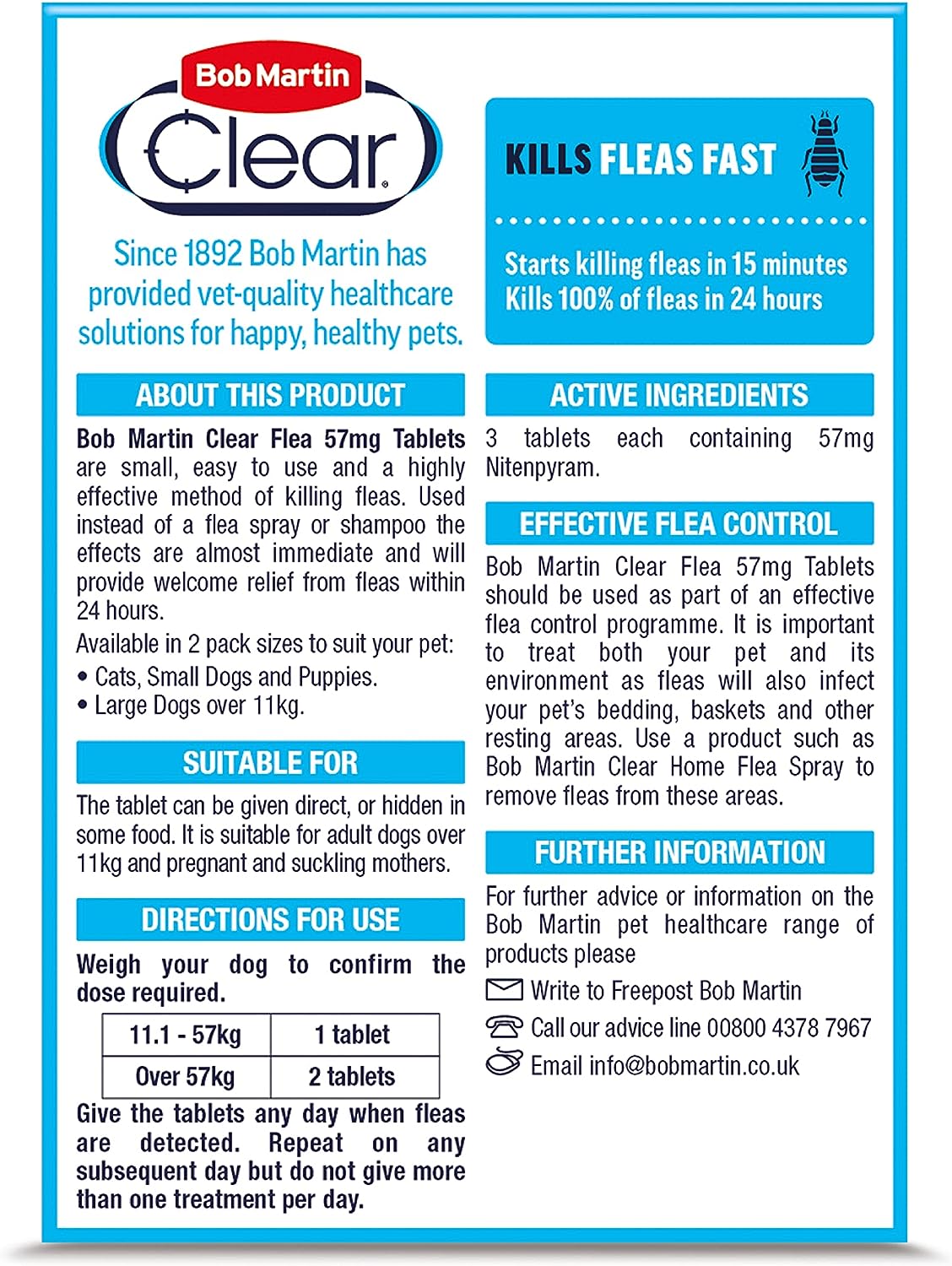 Bob Martin Clear Flea Tablets | For Dogs, (over 11 kg) | Kills 100% of Fleas in 24 Hours (3 Tablets)