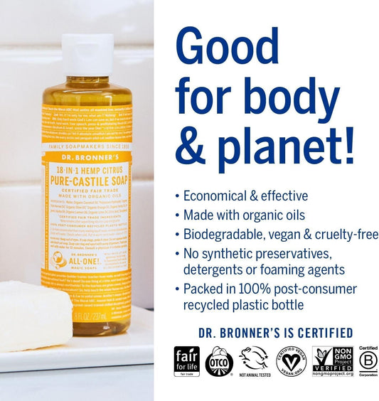 Dr. Bronner Citrus Castile Liquid Soap 237ml of Pure Cleanliness