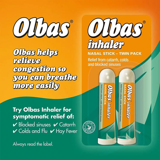 Olbas Nasal Inhaler 2 Sticks for Children & Adults Fast-Acting Cold Relief