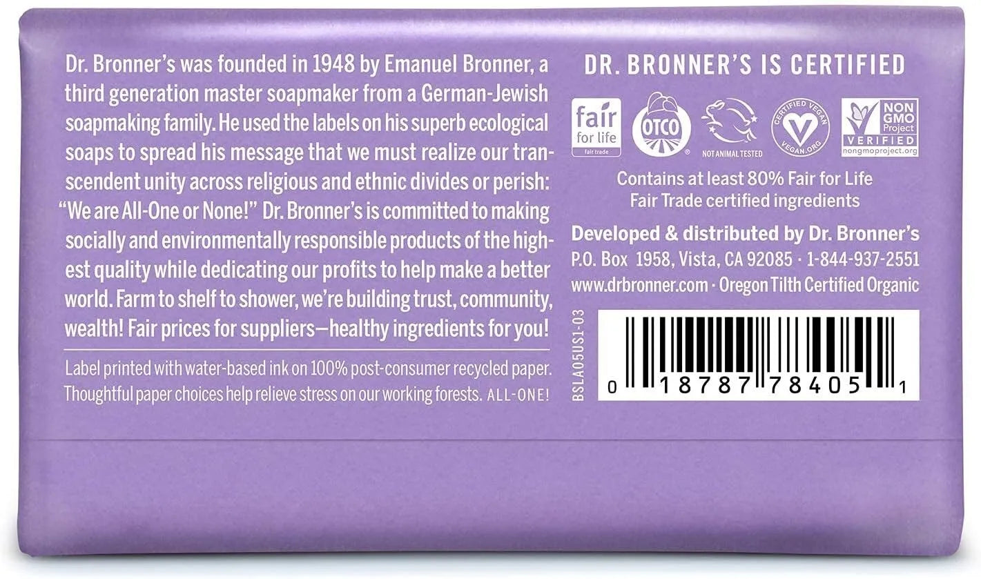 Dr. Bronner's Organic Lavender Castile Bar Soap Pure, Natural and Relaxing