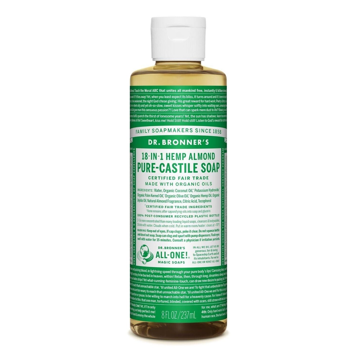 Dr. Bronner’s Pure-Castile Liquid Soap Almond, 8 oz: Organic 18-in-1 Uses, Vegan