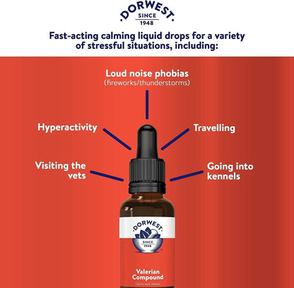 Dorwest Herbs Valerian Compound: 30ml Calming Solution for Dogs & Cats